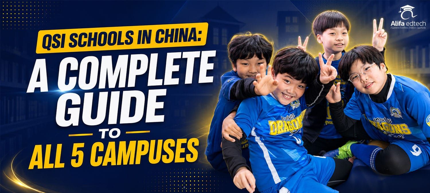 QSI Schools in China guide: young students in Dragons football kits, all 5 campuses