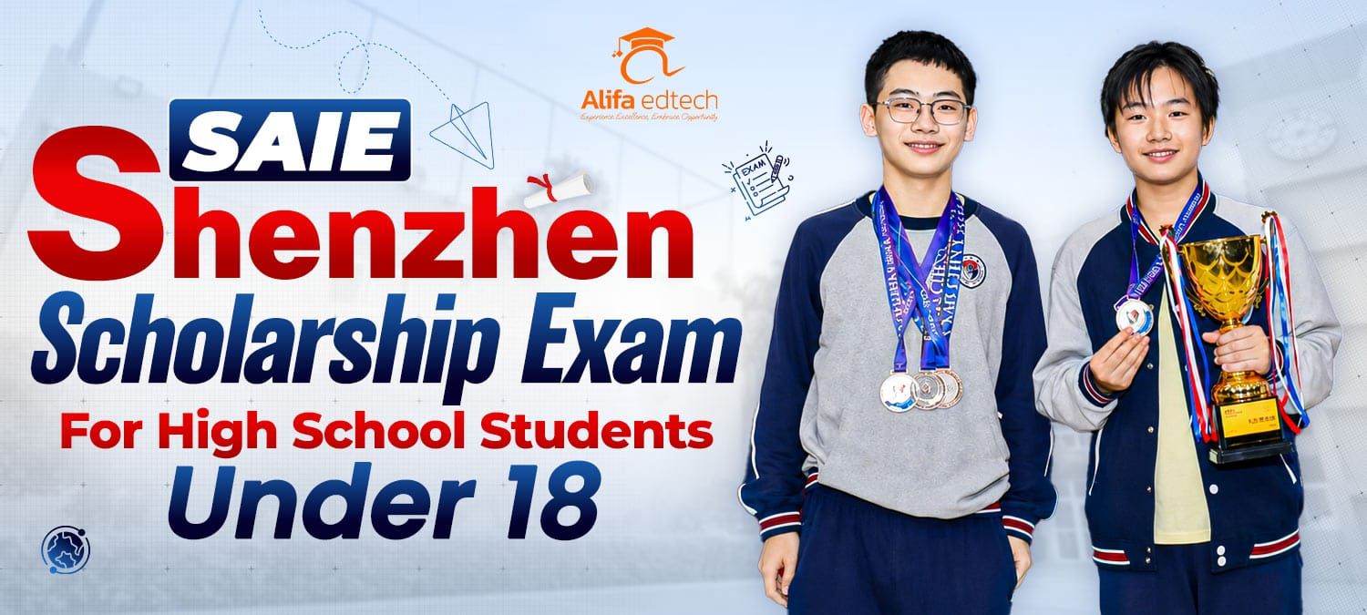 SAIE Shenzhen scholarship exam winners holding medals and trophy, high schoolers