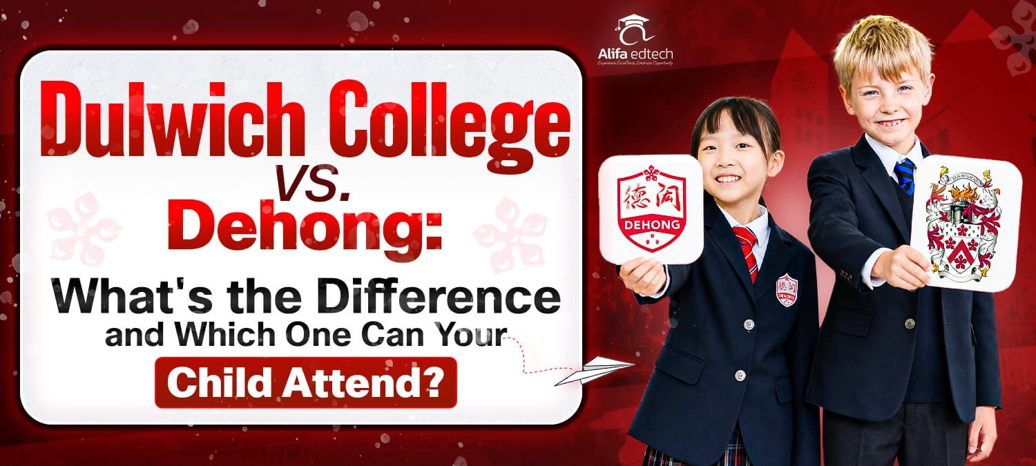 Dulwich College vs Dehong comparison: students holding both school crests
