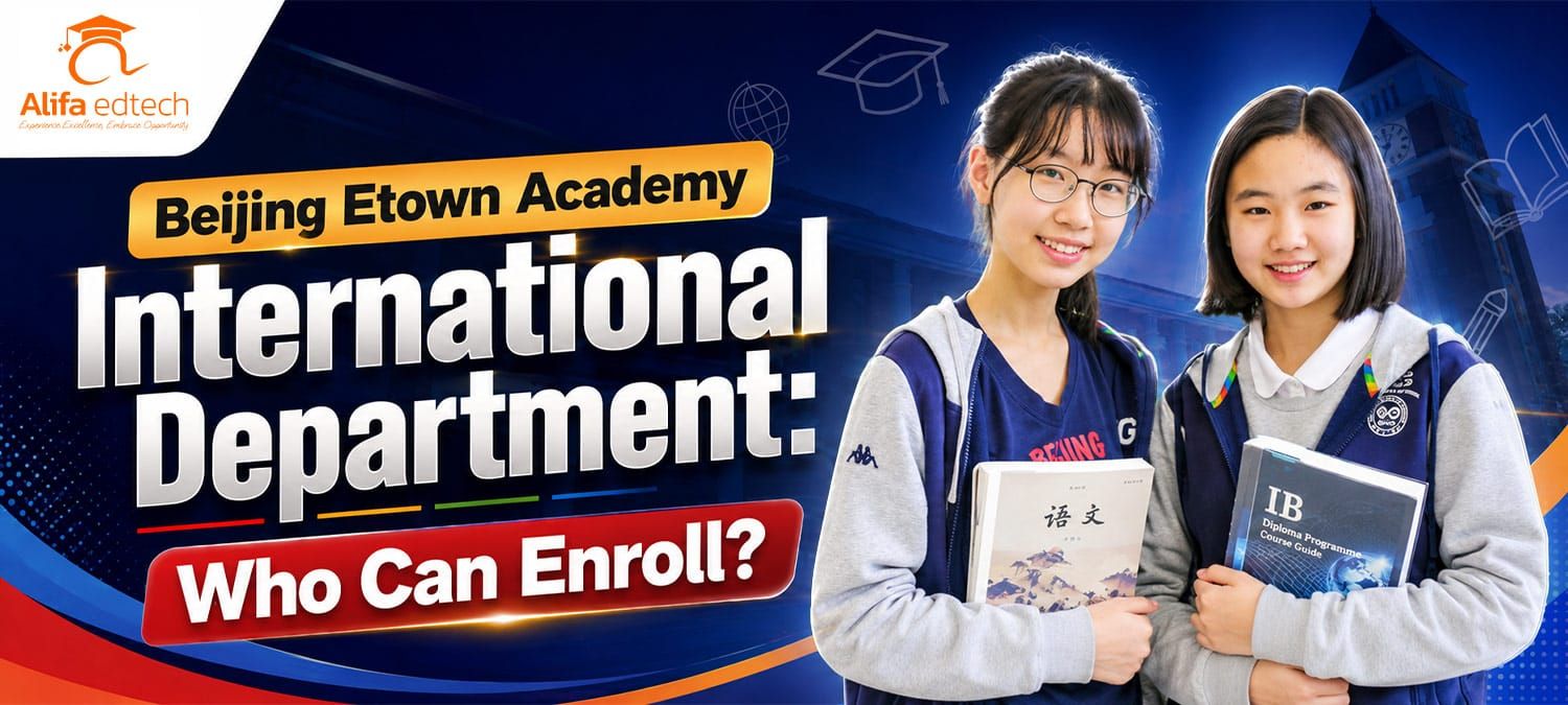Beijing Etown Academy International Department students with IB course guide books