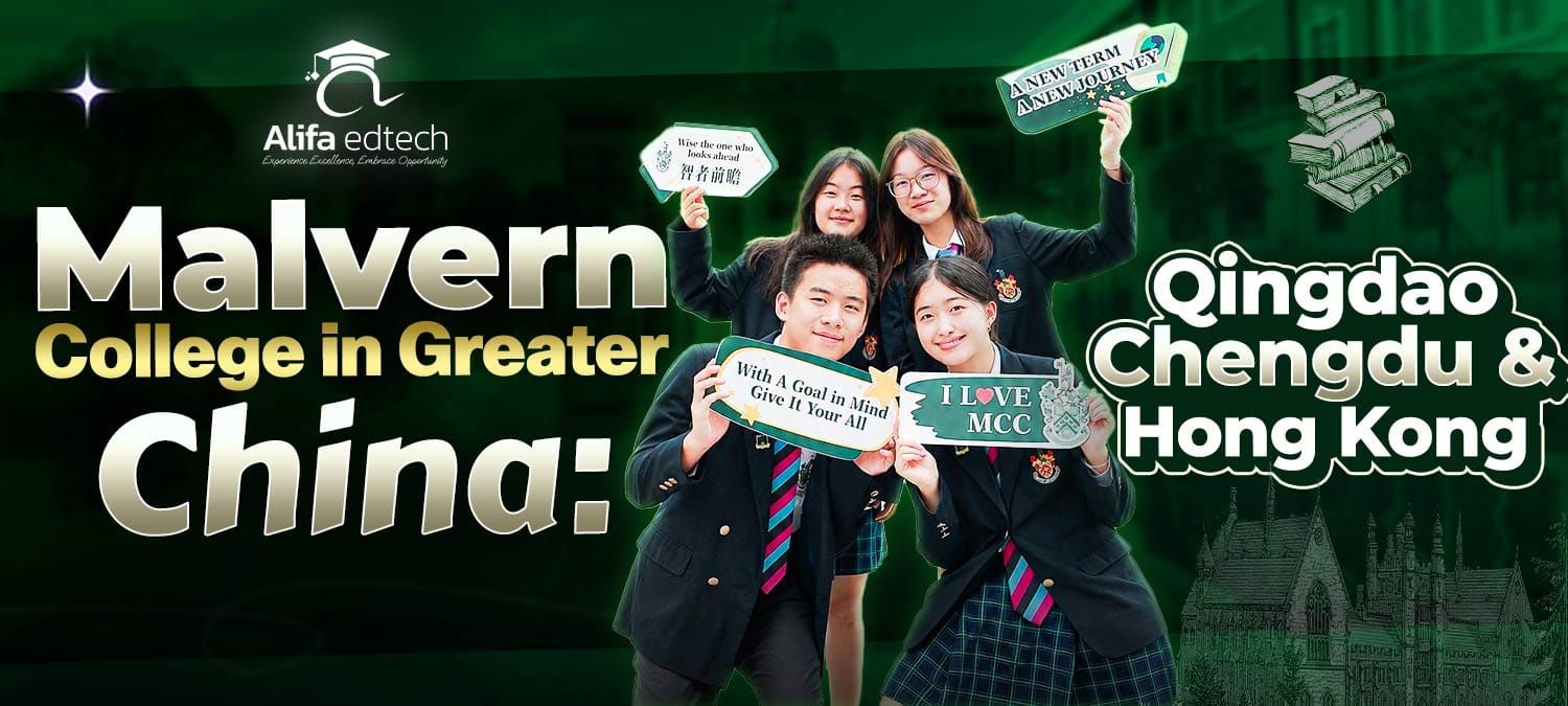 Malvern College China students with signs: Qingdao, Chengdu and Hong Kong guide