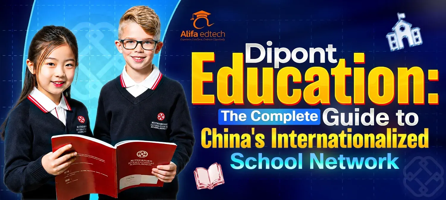 Dipont Education two young students in uniform holding a Netherford school prospectus