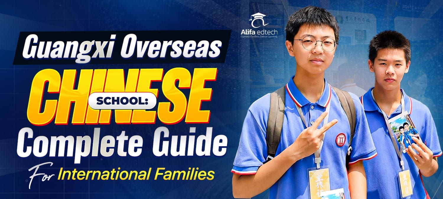 Guangxi Overseas Chinese School two male students in blue uniform with ID lanyards
