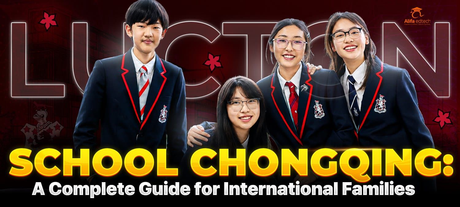 Lucton School Chongqing four students in navy and red uniform smiling together