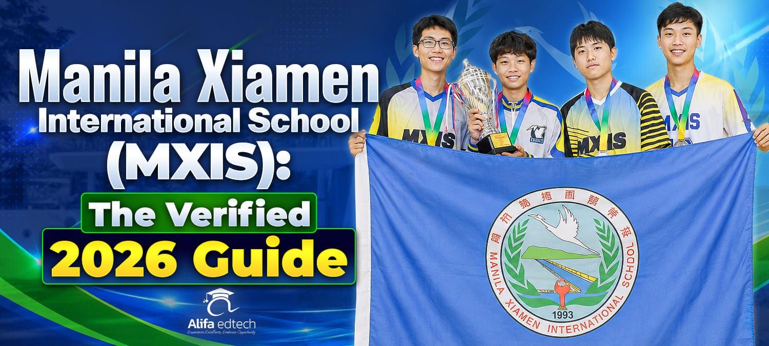 Manila Xiamen International School MXIS students holding trophy and school flag