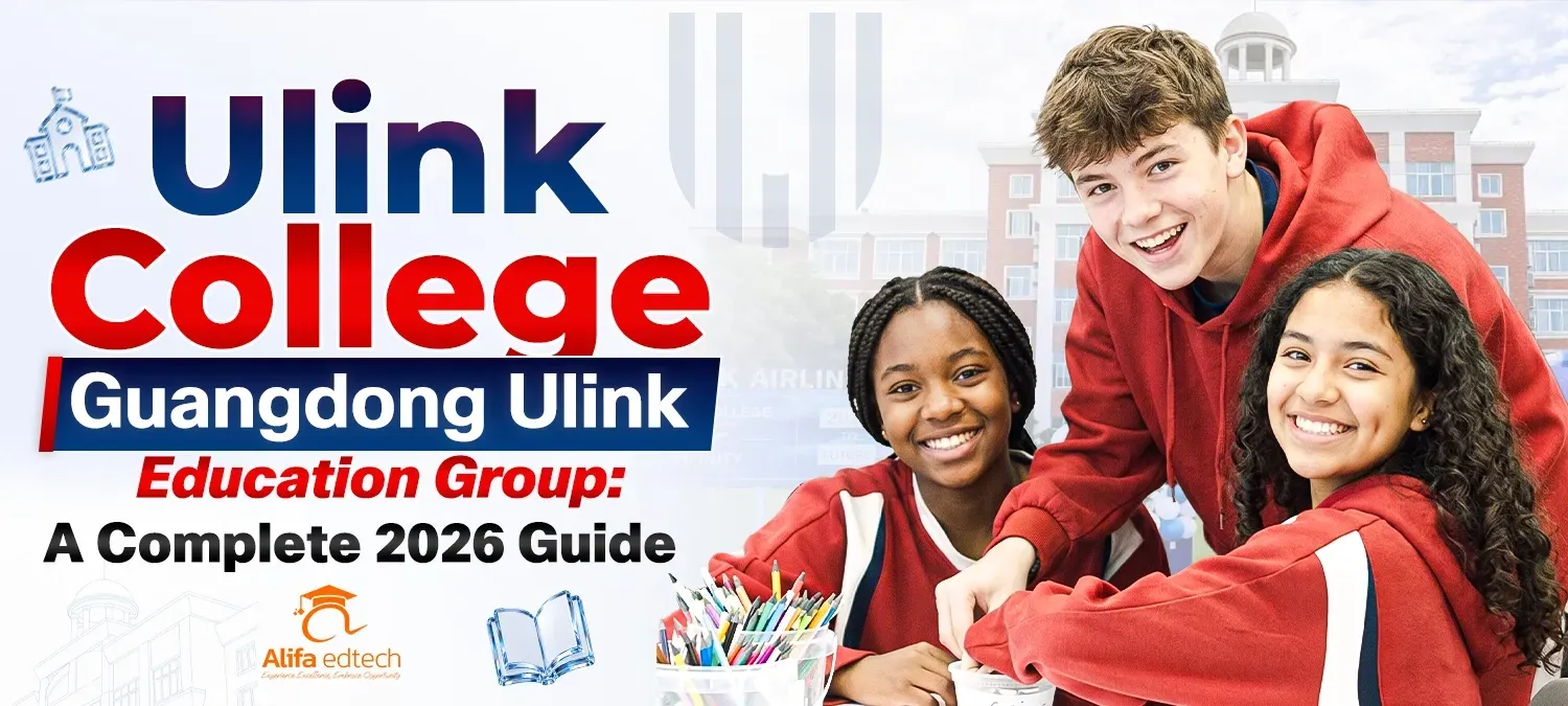Ulink College diverse students smiling in red uniforms at Guangdong campus
