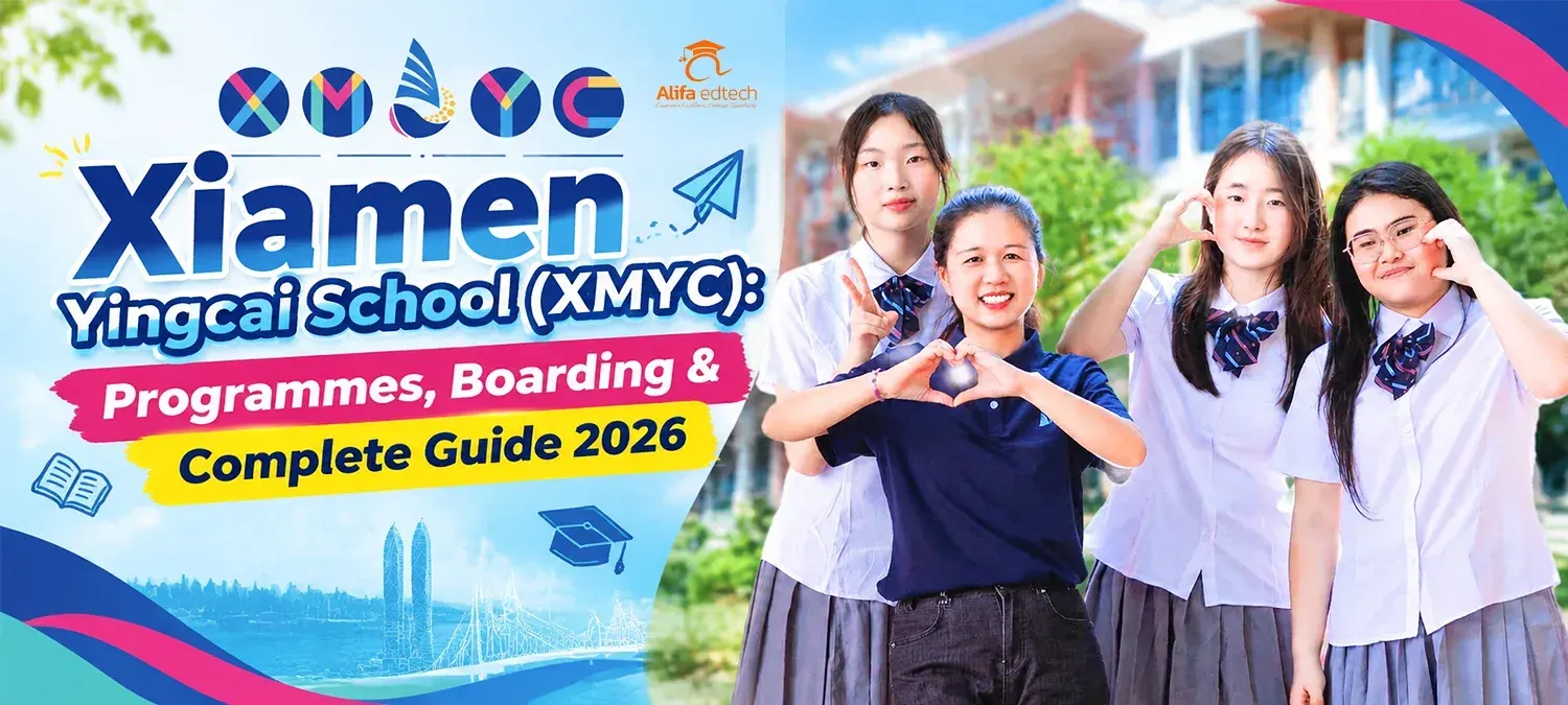 Xiamen Yingcai School students and teacher making heart gestures in uniforms