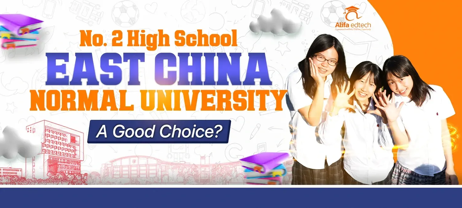 Three students smiling in a No. 2 High School of East China Normal University (HSEFZ) guide graphic with a campus backdrop.