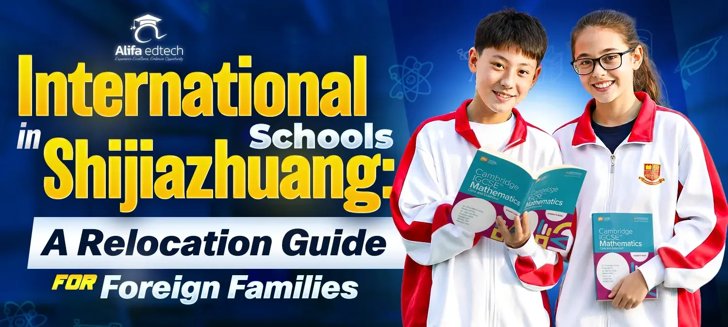 Two students in red-and-white school uniforms holding Cambridge IGCSE Mathematics books in a Shijiazhuang international school guide graphic.