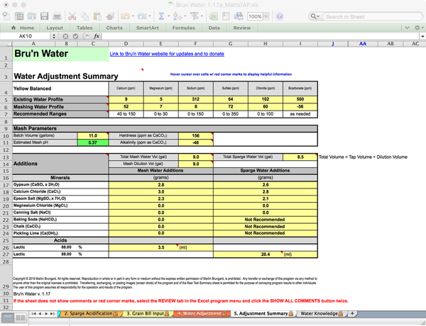 Bru'n Water Free Spreadsheet v 1.17a Adjustment Summary for a Koelsch