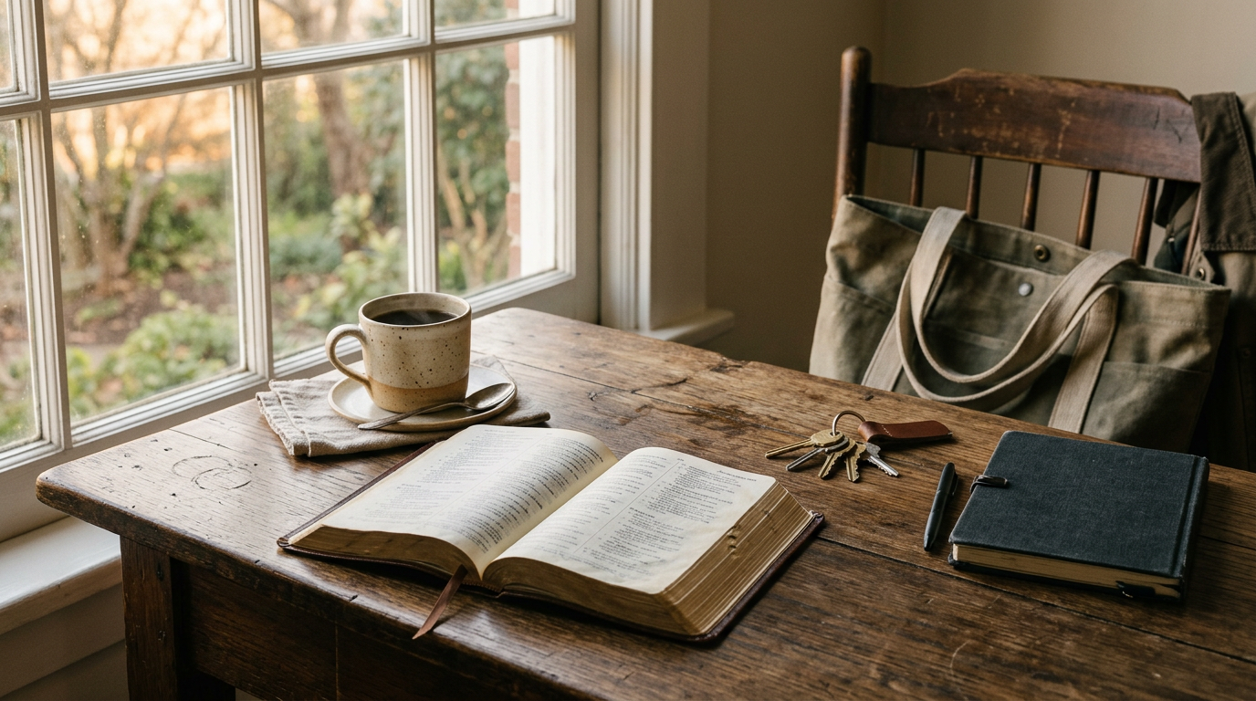 An open Bible, coffee cup, notebook, and keys rest on a sunlit kitchen table at the beginning of an ordinary day.