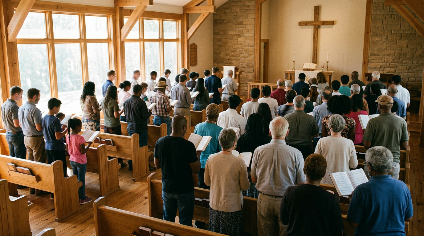 People of different ages stand together in a warmly lit church sanctuary during communal worship.