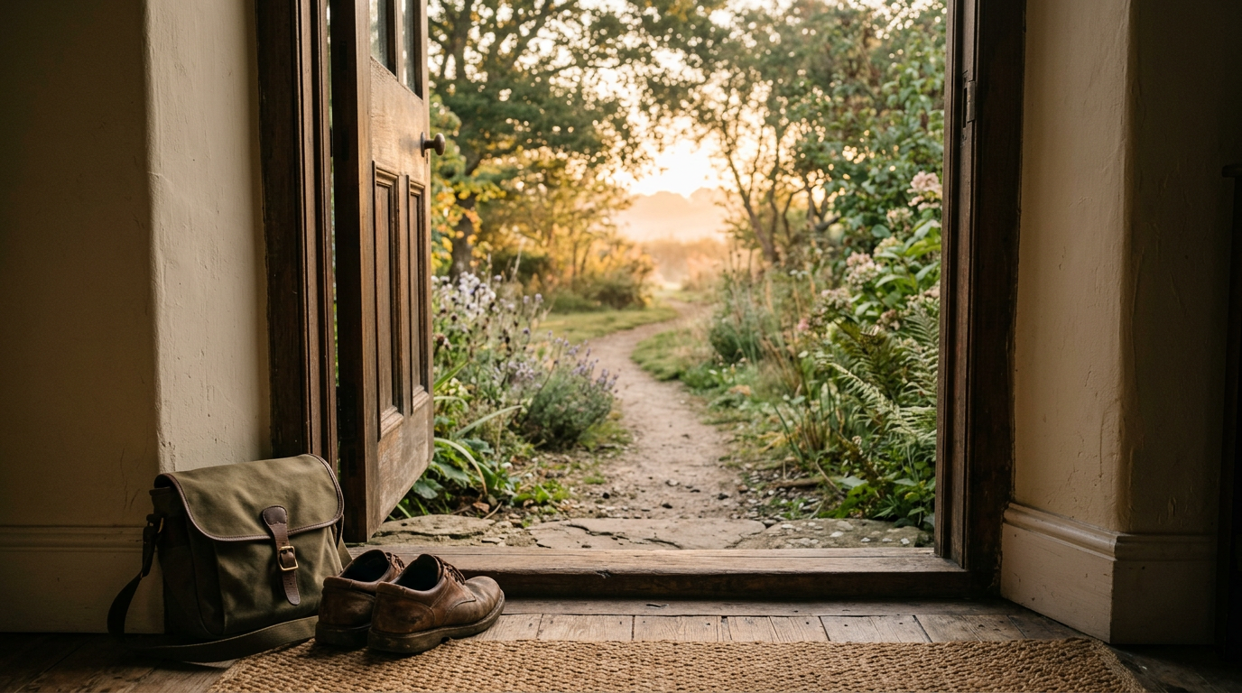 An open doorway leads from a welcoming home onto a quiet garden path illuminated by soft morning light.