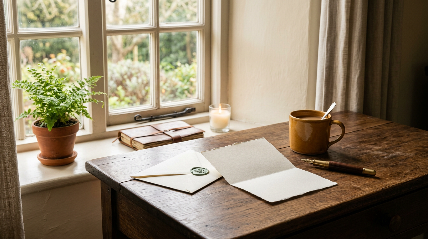 A handwritten note, open envelope, and fountain pen rest on a wooden desk beside a softly lit window.