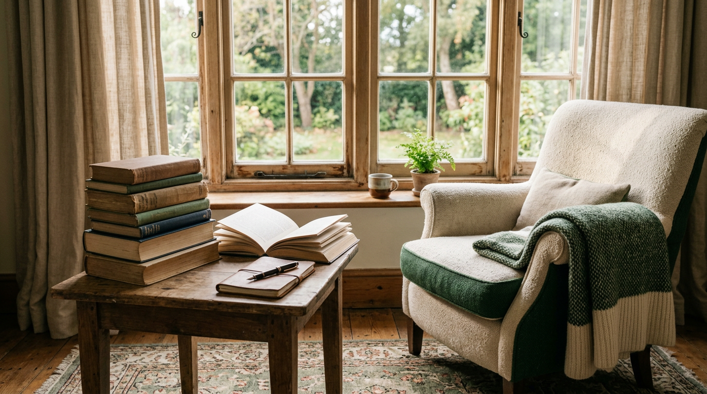 An open book and reading journal rest beside a stack of books in a warmly lit reading corner.