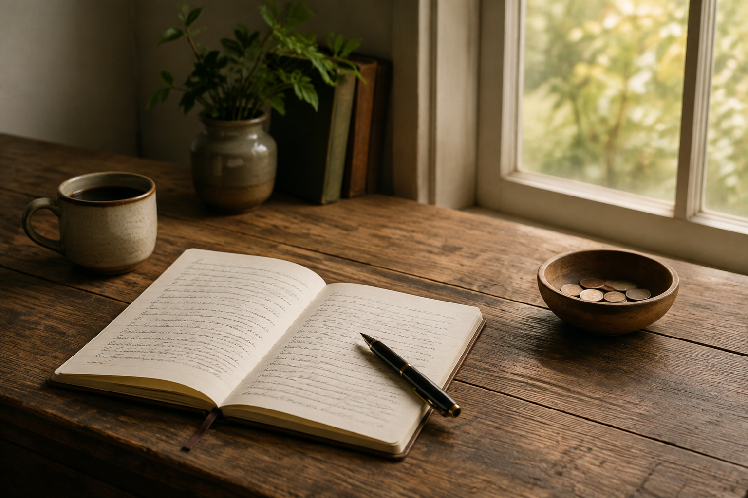 An open handwritten notebook and fountain pen rest on a wooden table beside coffee and a small bowl of coins in warm morning light.