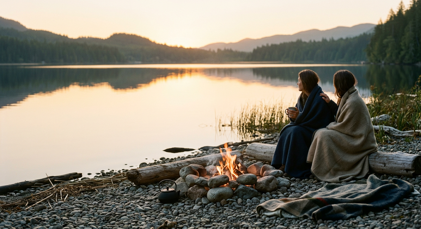 A small fire by a quiet lakeshore at sunrise, symbolizing reflection and restoration.