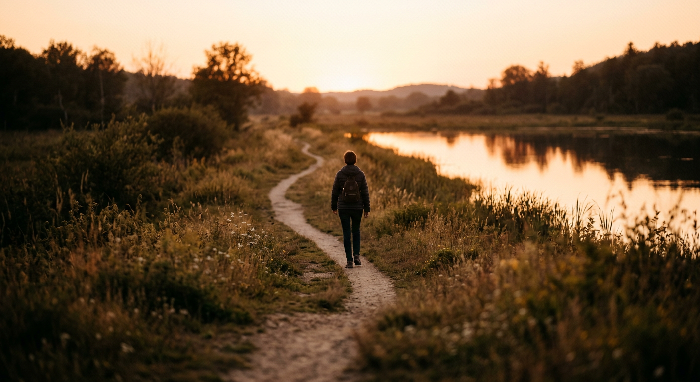A person walking along a path toward light, symbolizing returning and reconnection.