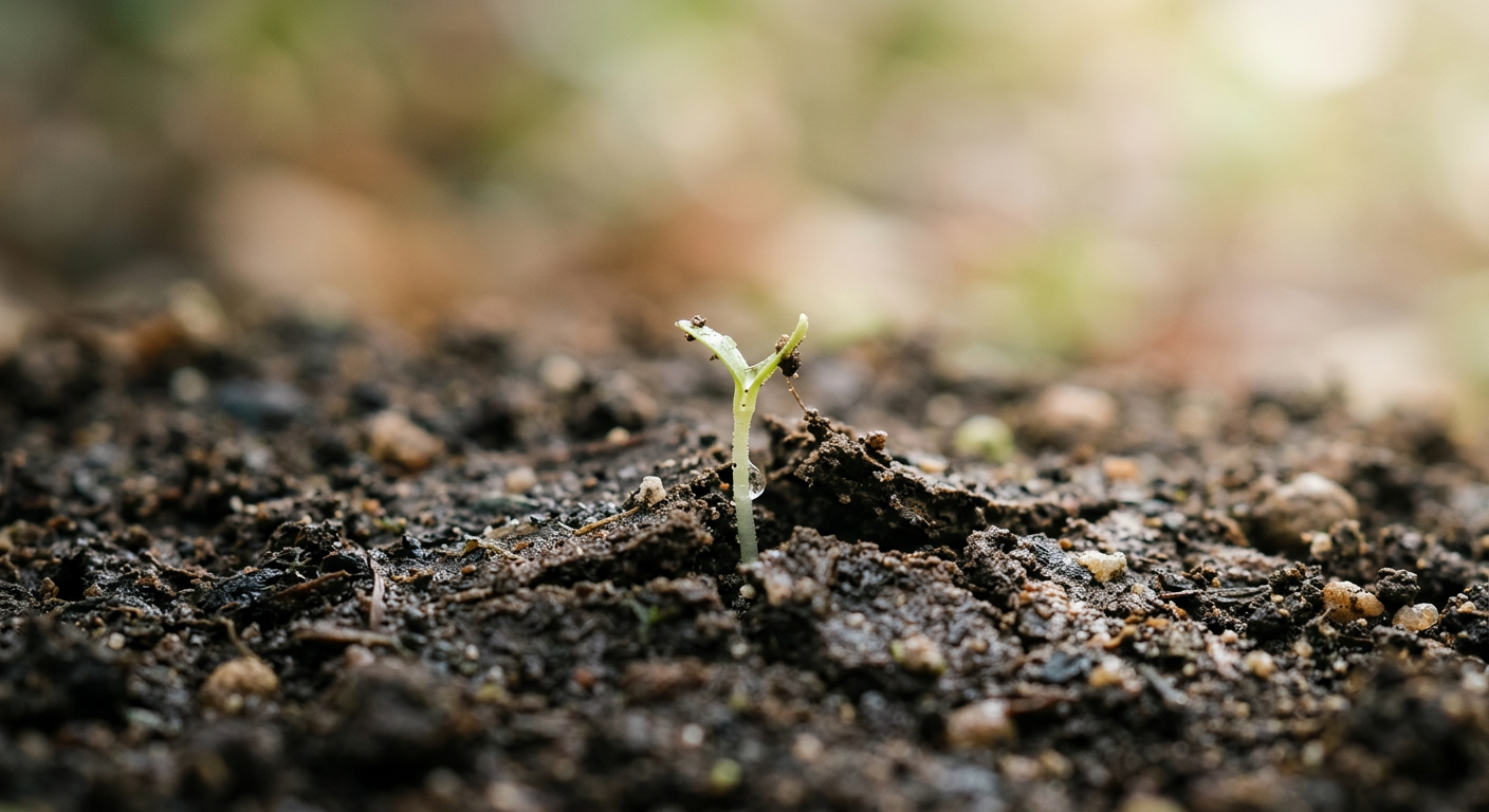 A small sprout emerging from soil in soft light, symbolizing slow and unseen growth.