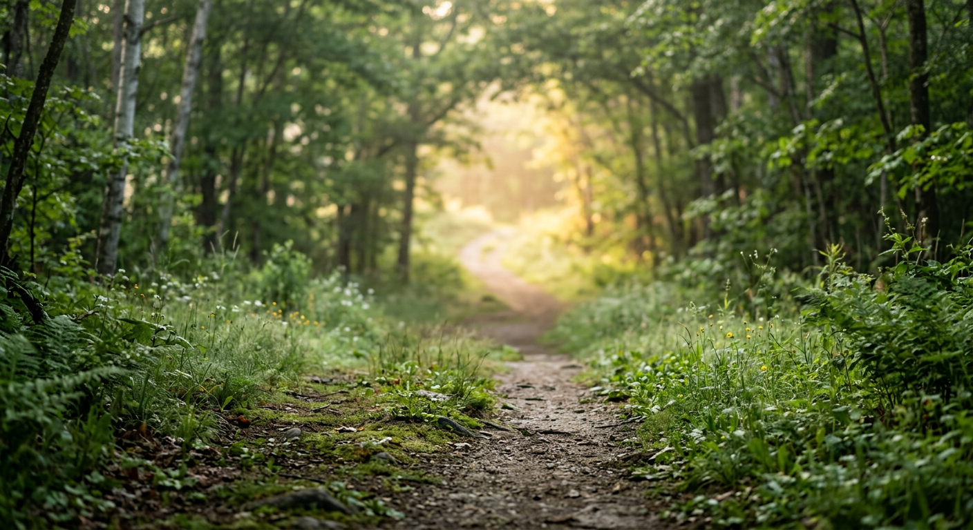 A path gradually brightening in soft morning light, symbolizing steady transformation and growth.
