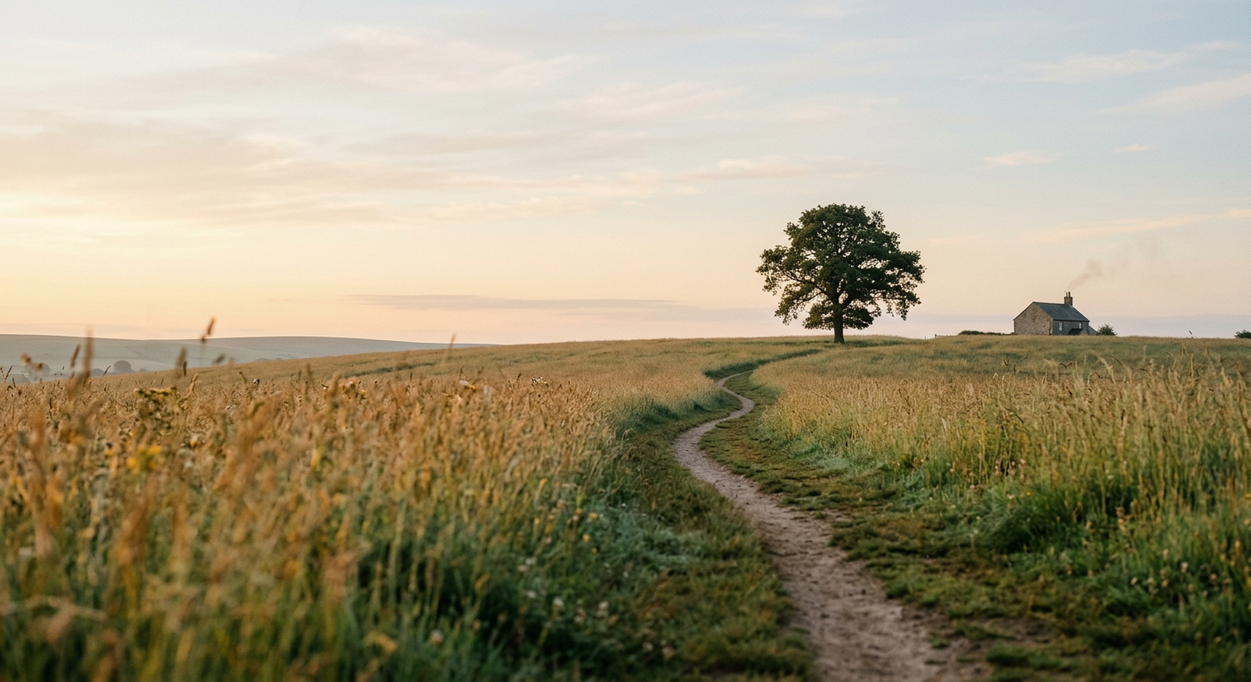 A calm landscape with soft light, symbolizing steady and quiet daily rhythm.