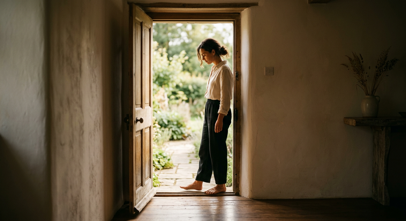 A person standing in a doorway with soft light entering a room, symbolizing presence and influence.