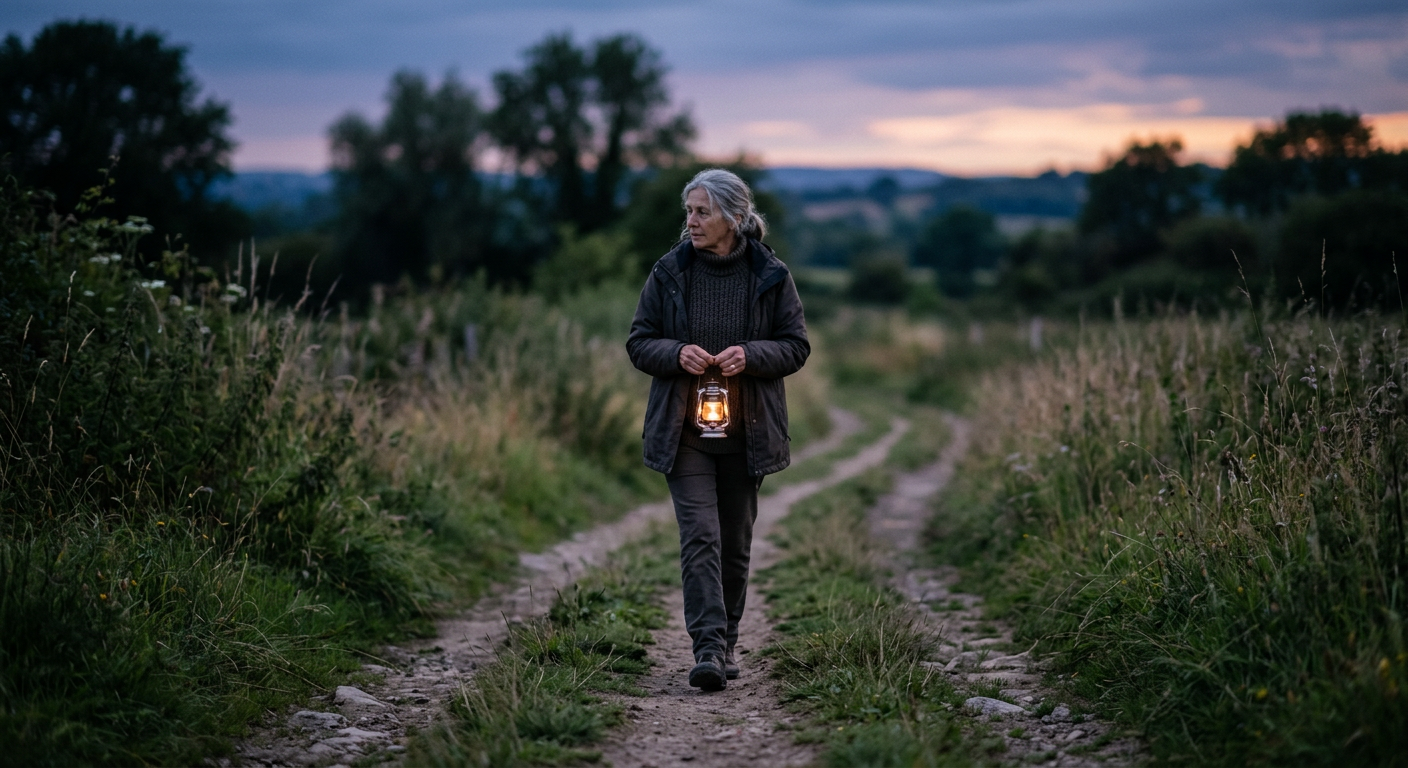 A person walking along a path holding a small light, symbolizing carrying something forward.