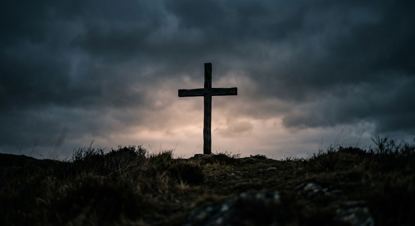 A wooden cross silhouetted against a dark sky with soft light, symbolizing Good Friday and sacrifice.