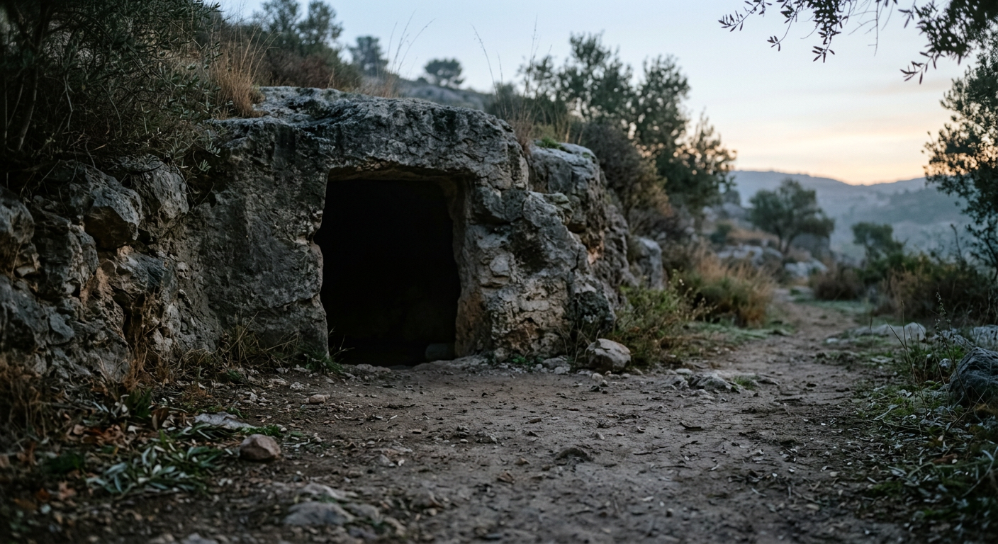 A quiet tomb entrance in dim light, symbolizing stillness and waiting before resurrection.