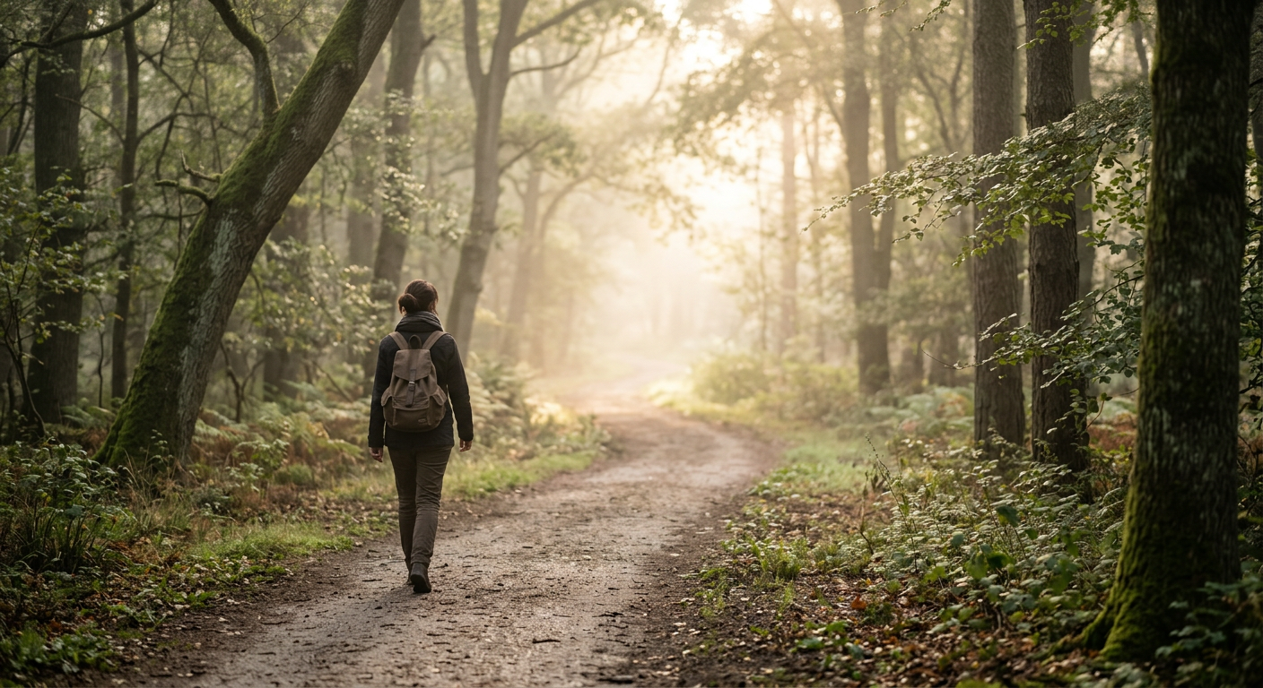 A path gradually illuminated by morning light, symbolizing slow recognition and new awareness.