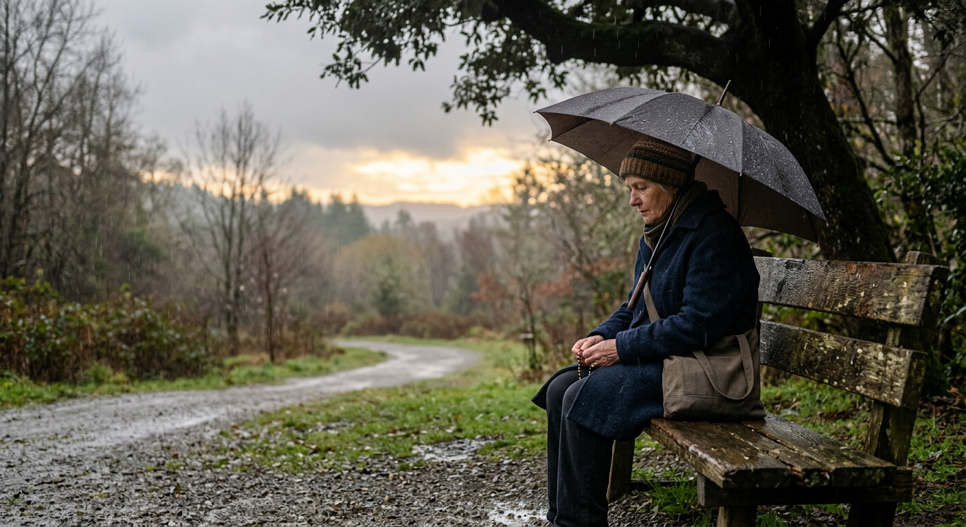 A person sitting quietly beneath a gentle rain with light breaking through the clouds, symbolizing lament, honest prayer, and