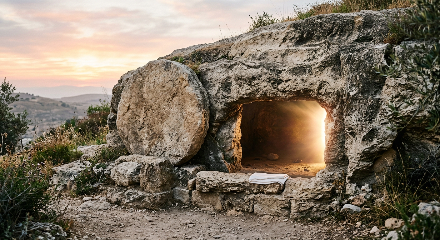 An empty tomb with light shining from within, symbolizing resurrection and hope.