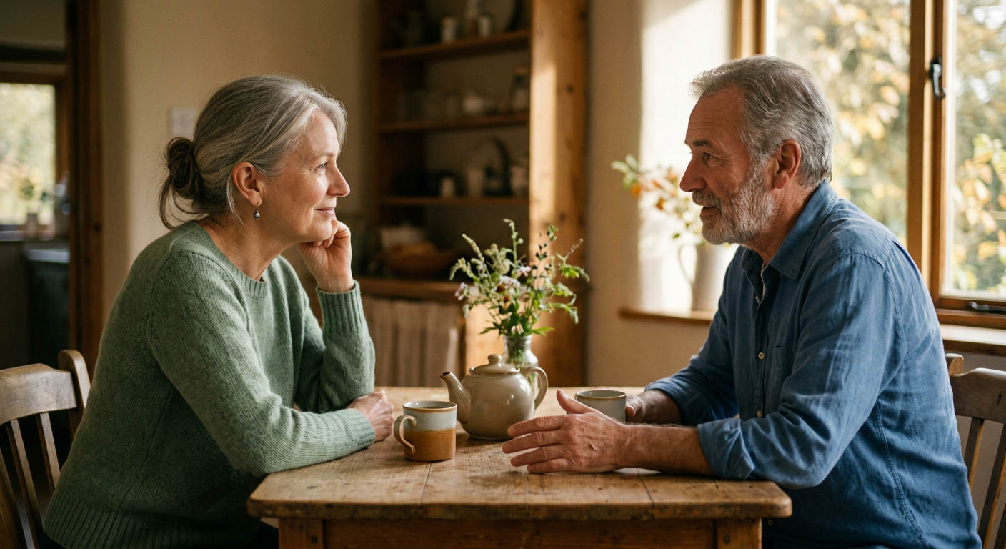A peaceful conversation between two people in warm natural light, symbolizing gracious speech, attentive listening, and life-