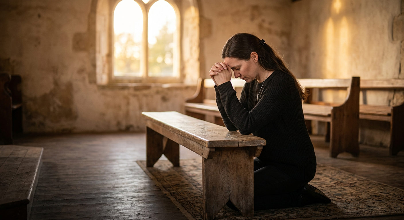 A person kneeling quietly in prayer at sunrise, symbolizing humility, surrender, and trust in God's grace.