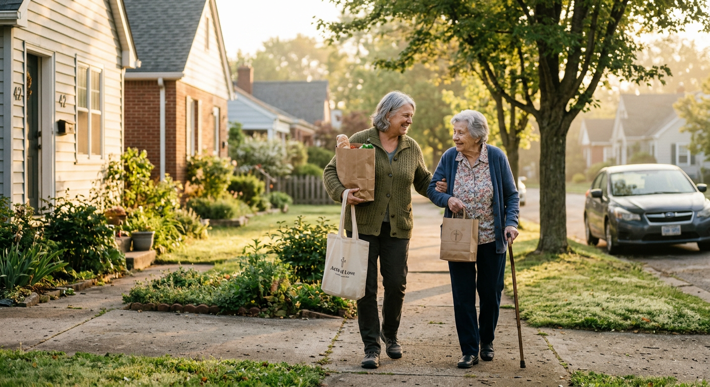 Someone helping a neighbor in warm morning light, symbolizing Christian witness through everyday acts of love and faithfulnes