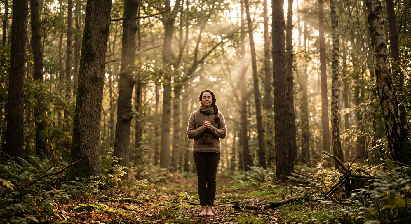 A person standing quietly in a sunlit forest, breathing peacefully and reflecting the practice of continual prayer and awaren