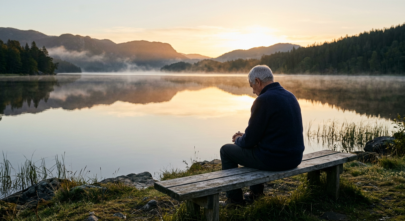 A person sitting quietly beside a calm lake at sunrise, reflecting the peace and stillness of resting in God's presence throu