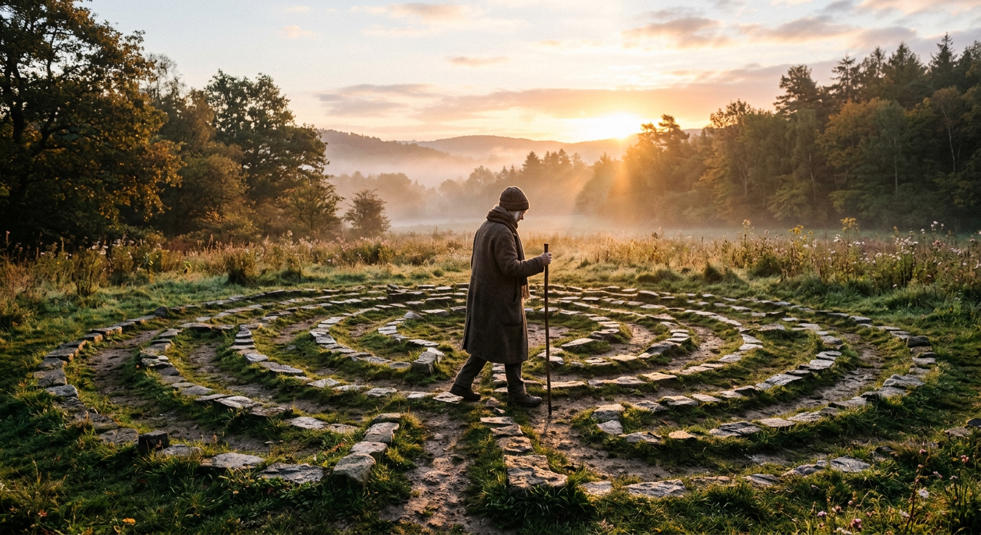 A person walking a stone labyrinth at sunrise, symbolizing prayer, patient trust, and the winding journey of faith with God.