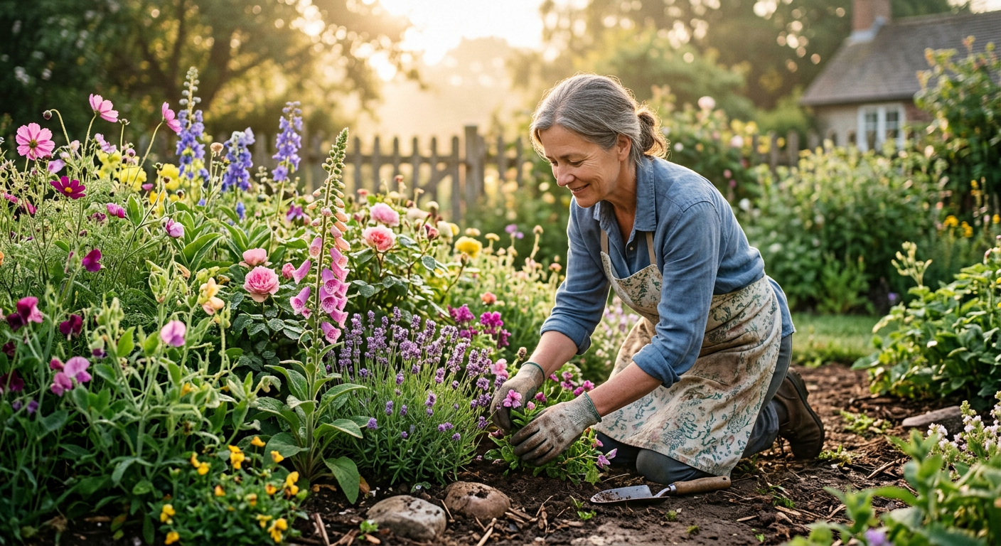 A person tending a small garden in soft morning light, symbolizing gratitude, stewardship, and care for God’s creation.