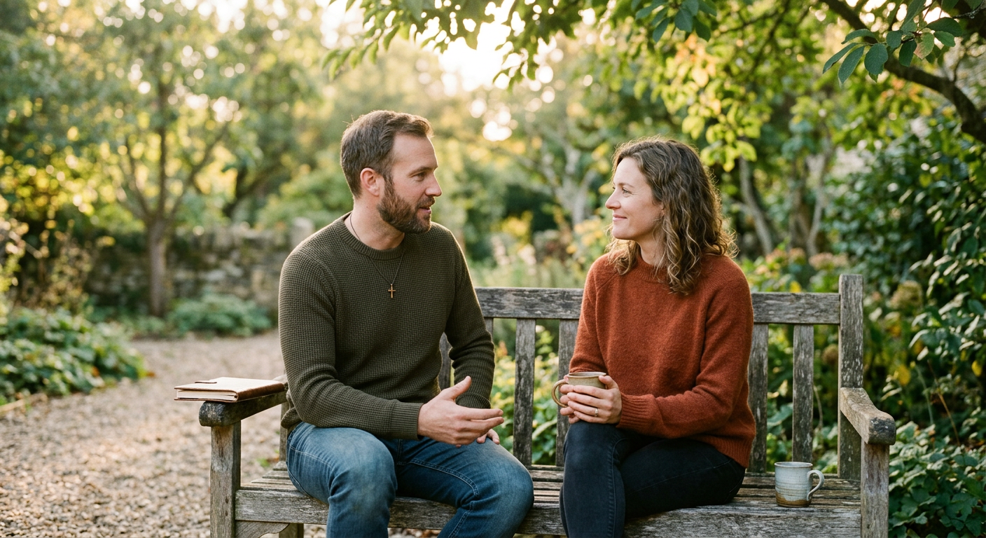Two friends in thoughtful conversation outdoors, symbolizing accountability, trust, and spiritual growth.
