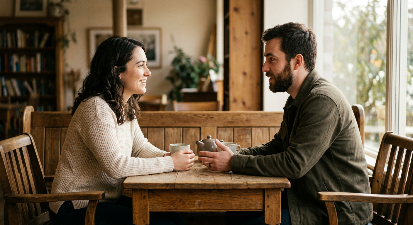 Two people engaged in attentive face-to-face conversation, symbolizing presence, listening, and meaningful connection.