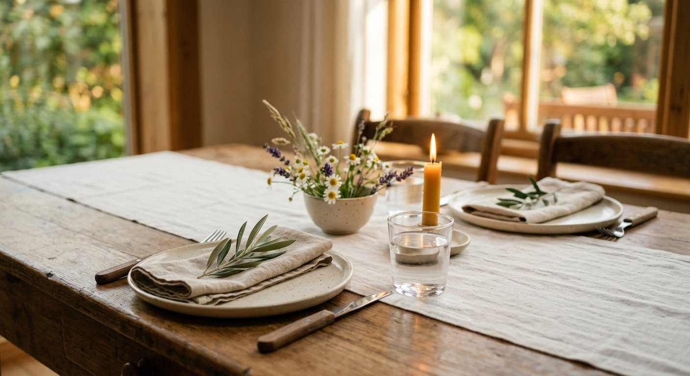 A welcoming table in warm natural light, symbolizing hospitality, generosity, and belonging.