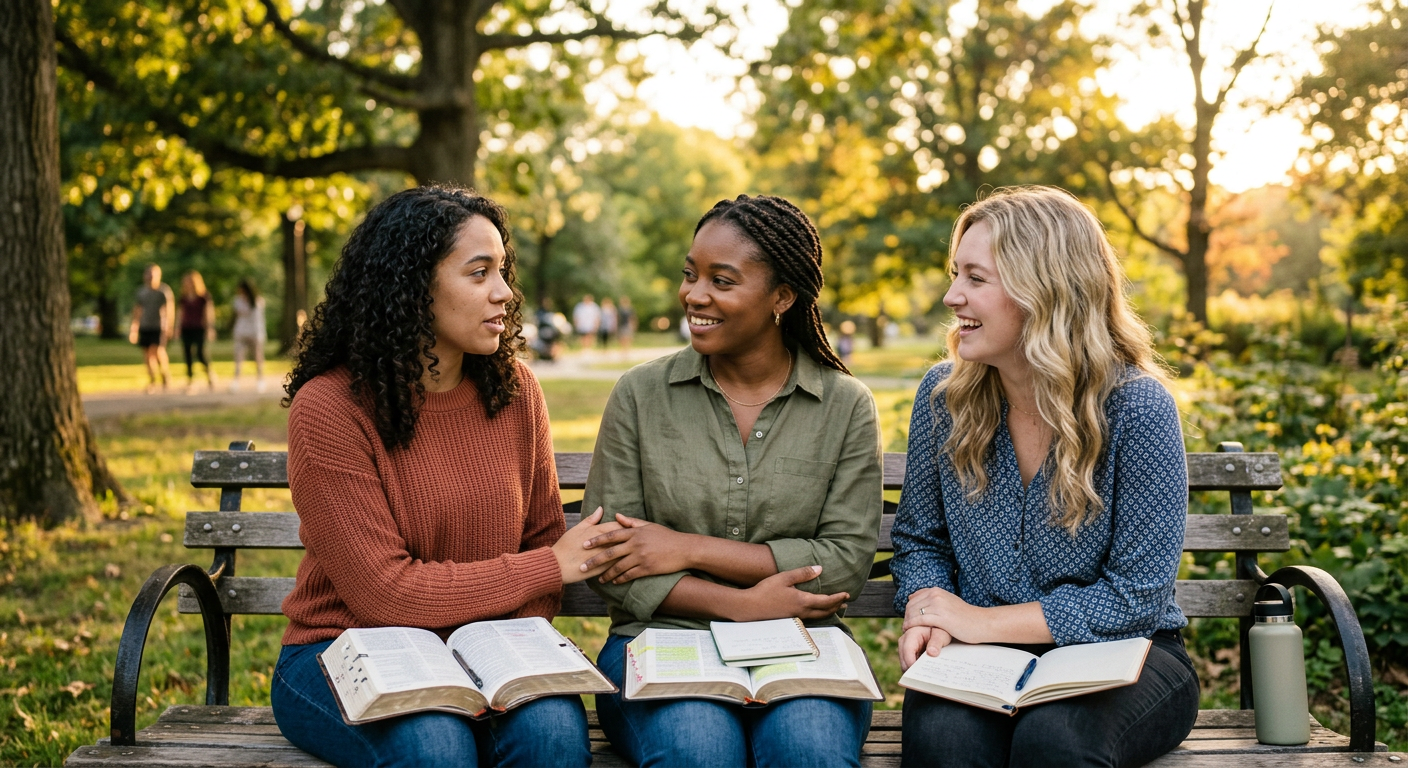Close friends sharing a thoughtful conversation outdoors, symbolizing spiritual friendship, encouragement, and shared faith.