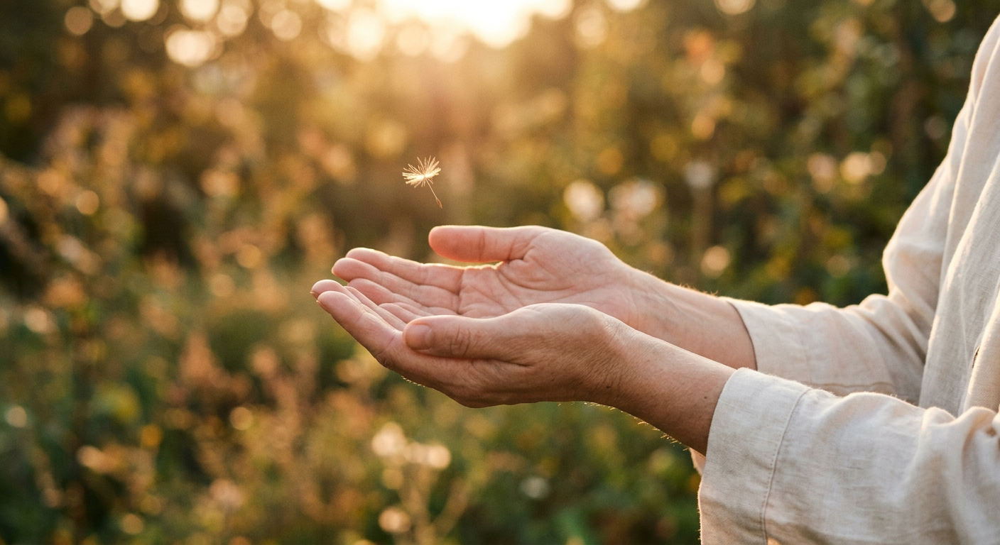 Open hands releasing a small object into soft sunlight, symbolizing trust and detachment.