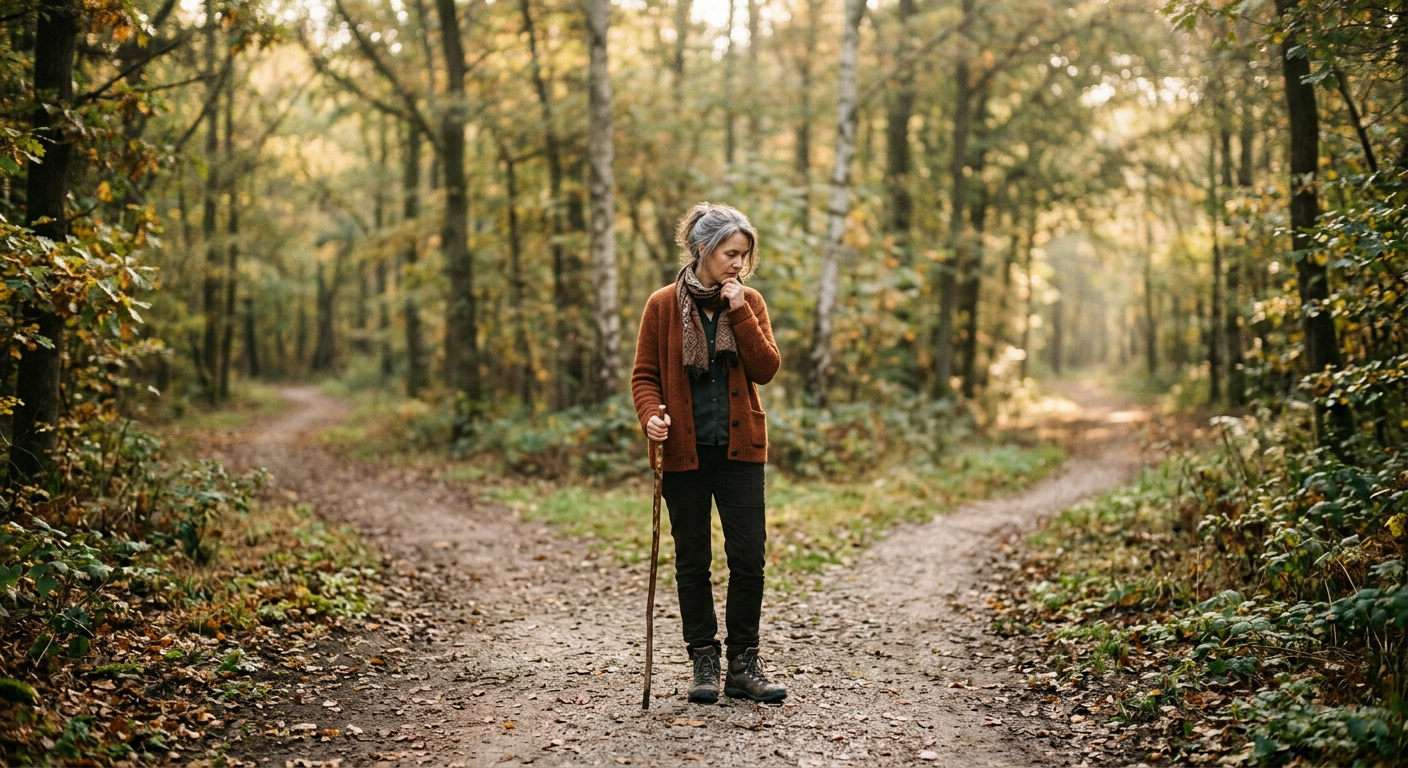 A person standing thoughtfully at a fork in a path in soft light, symbolizing discernment and spiritual guidance.