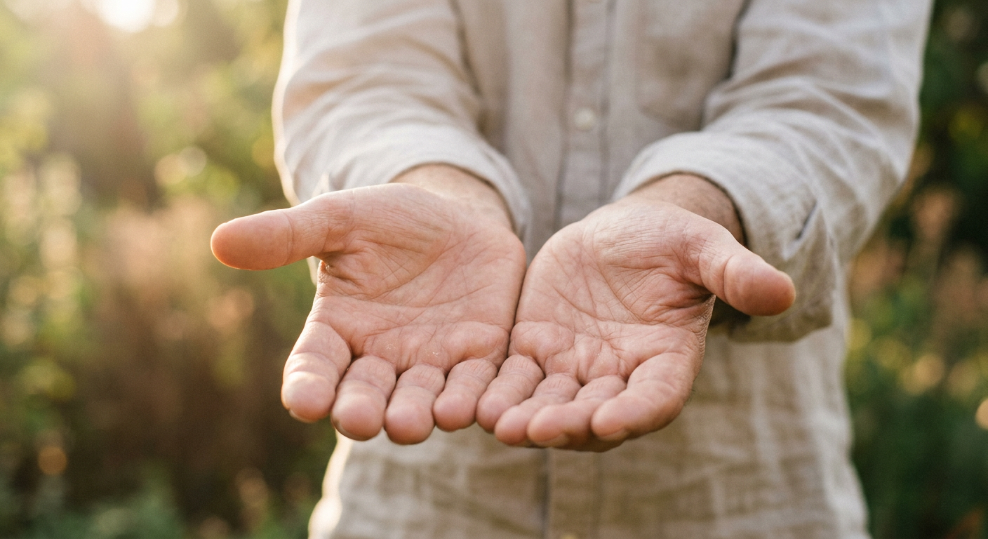 Open hands extended outward in soft light, symbolizing generosity as identity