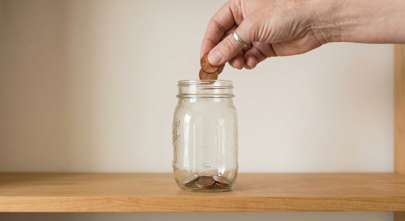 Hand placing coins into a jar repeatedly in soft light