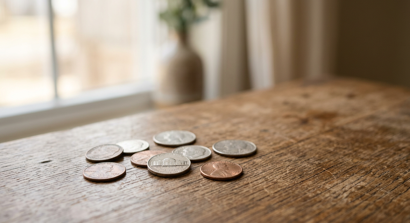 Coins resting quietly on a wooden table in soft light, symbolizing financial peace and detachment from money’s control.