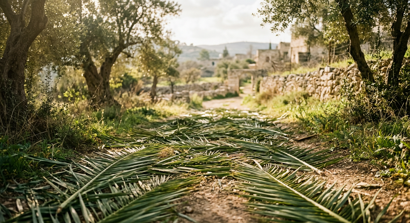 Palm branches laid along a simple path in soft sunlight, symbolizing humility and the arrival of a king without wealth.
