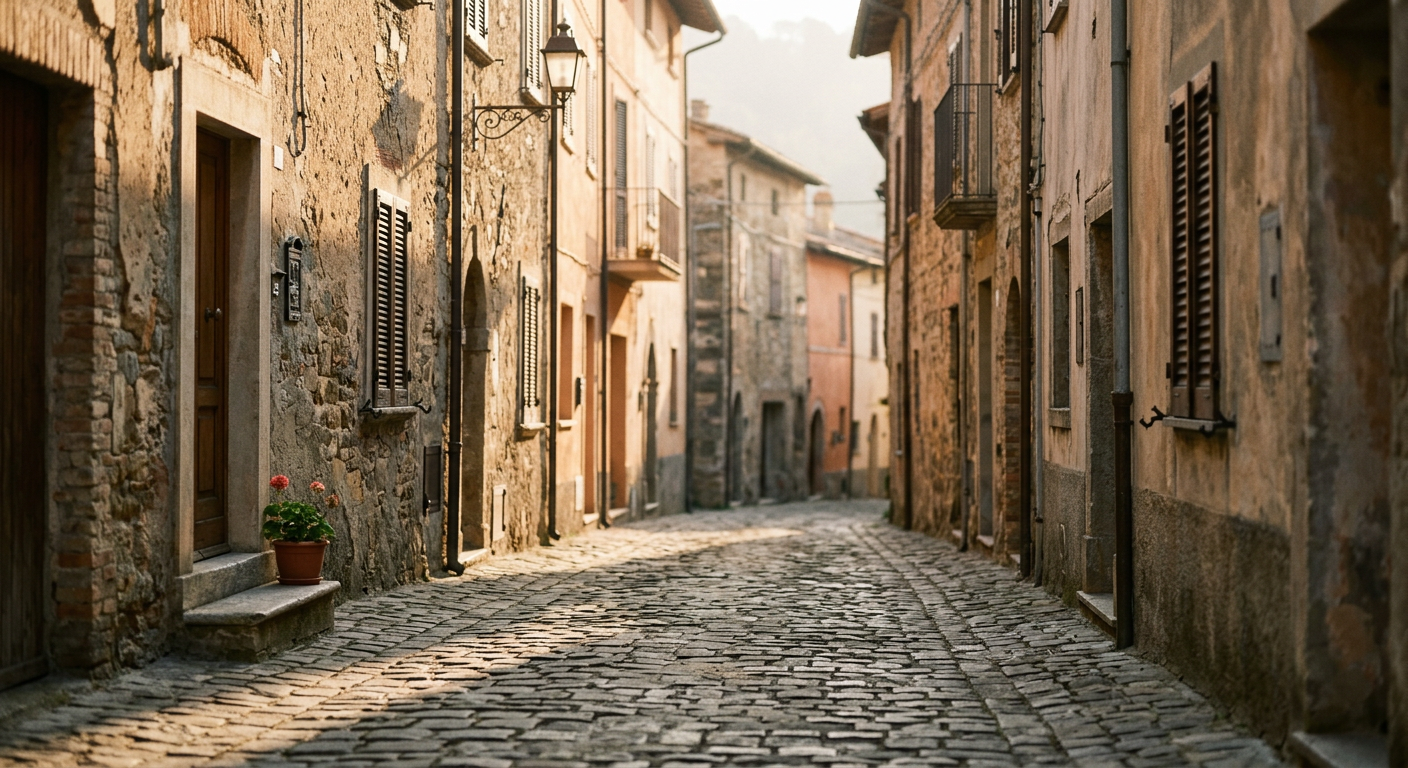 A quiet street with soft morning light and shadows, symbolizing stillness and attentive observation.